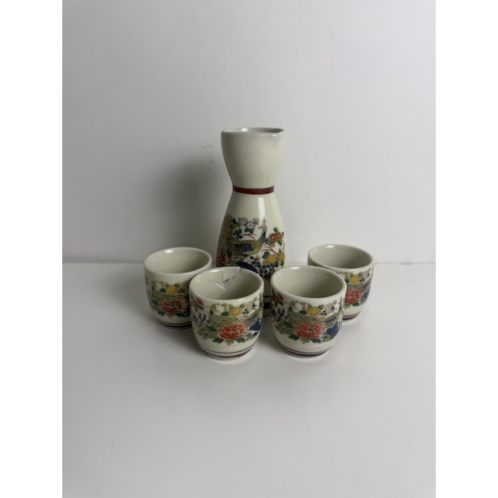 Vintage 5 PIECE JAPANESE SAKI SET, 4 CUPS SMALL SAKI PITCHER WITH COLORFUL BIRDS